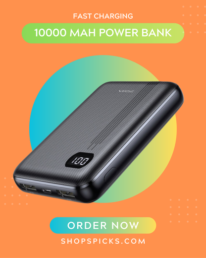10000mAh Fast Charging Power Bank Portable Charger with LED Display Dual USB Output for iPhone & Android