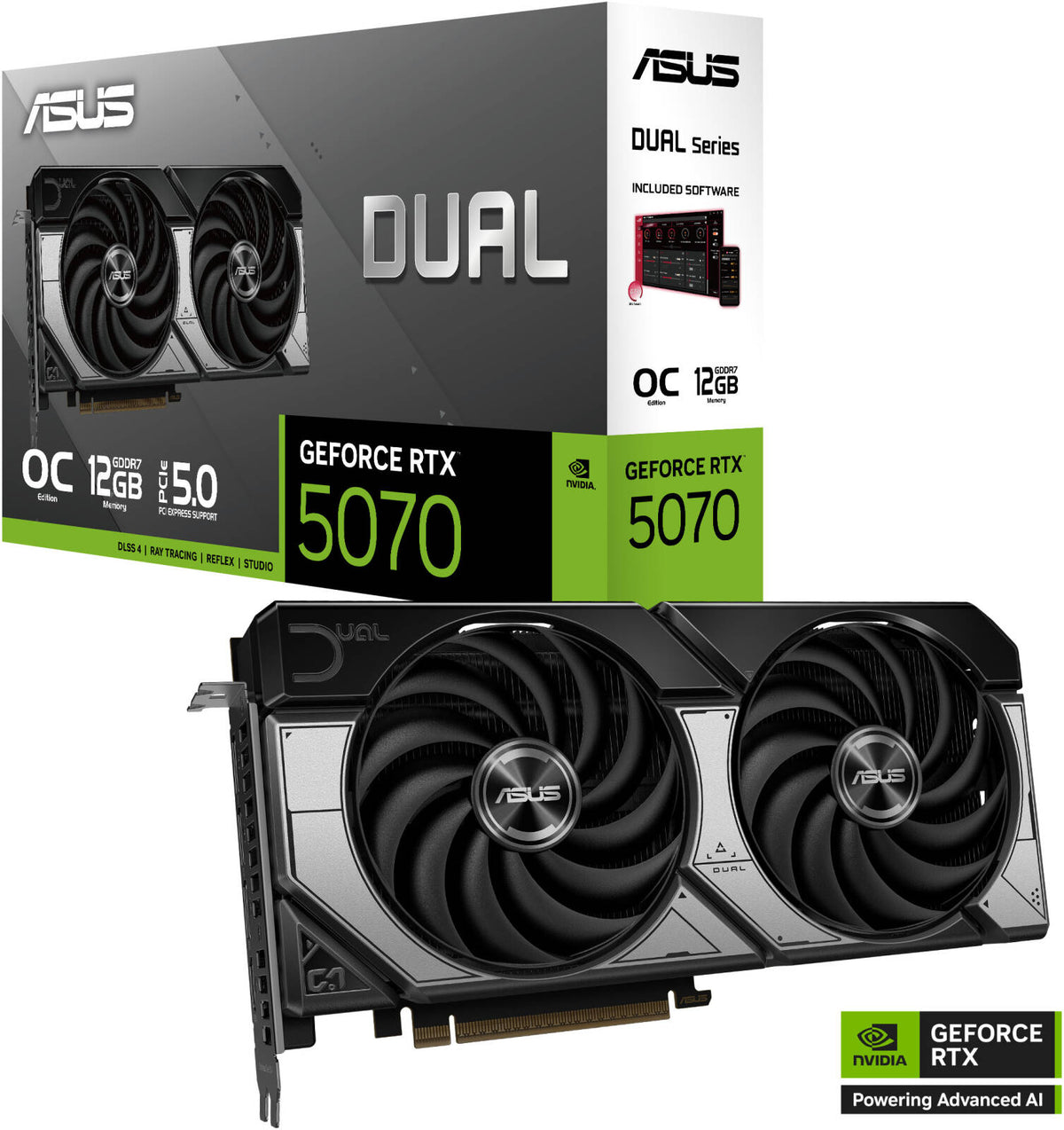 ASUS Dual GeForce RTX 5070 12GB OC Graphics Card, GDDR7 192-Bit Memory, 2542 MHz Boost Clock, 6144 CUDA Cores, 28 Gbps Memory Speed, PCI Express 5.0 | 90YV0M17-M0NA00