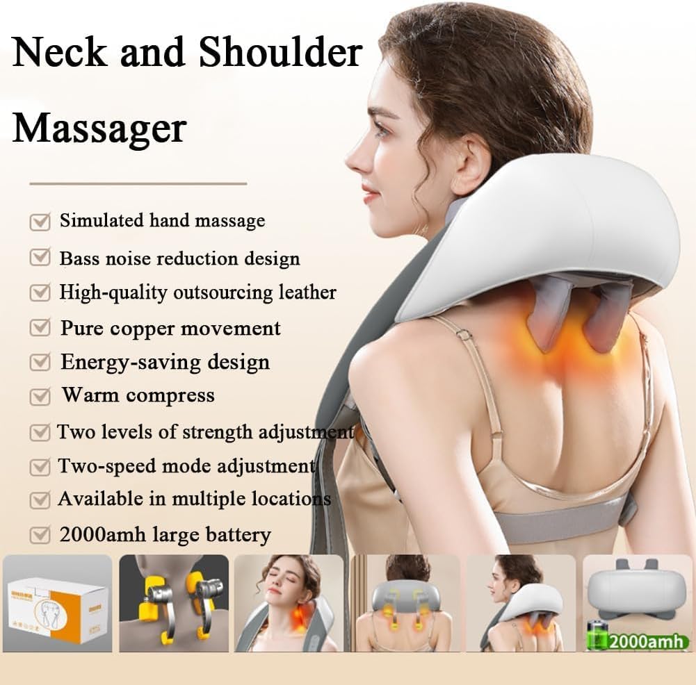 Rechargeable Shiatsu Neck & Shoulder Massager with Heat – Deep Tissue Electric Pain Relief, Adjustable Intensity, Portable Relaxation Device