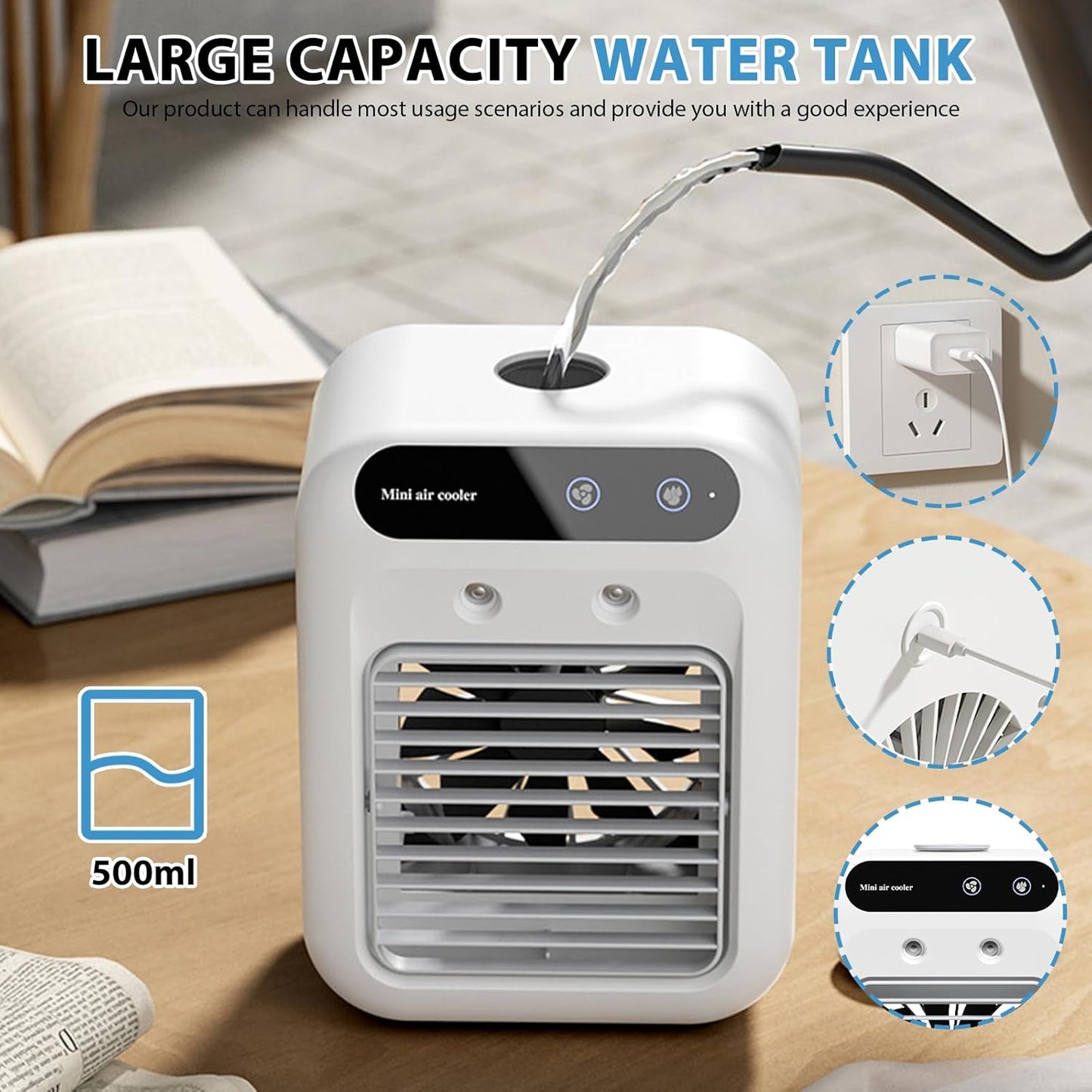 Portable Air Conditioners,1800mAh Rechargeable Mini Air Conditioner With 2 Cool 500ML Water Tank For Room, Travel, Office