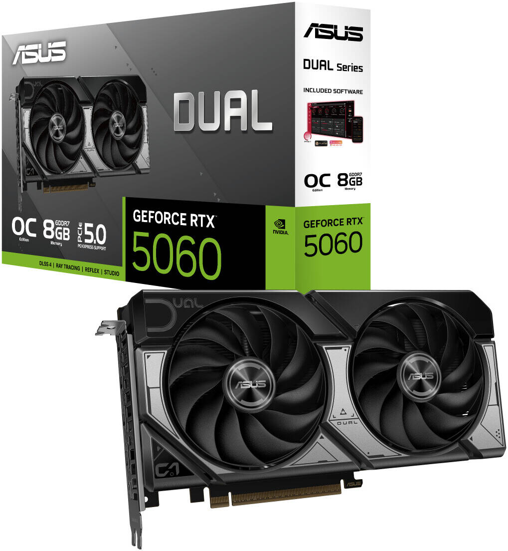 ASUS Dual GeForce RTX 5060 OC Edition Graphics Card, DUAL-RTX5060-O8G, 8GB GDDR7 128-Bit Memory, 2565 MHz Boost Clock, 28 Gbps Memory Speed, 3840 CUDA Cores, PCI Express 5.0 | 90YV0N12-M0NA00
