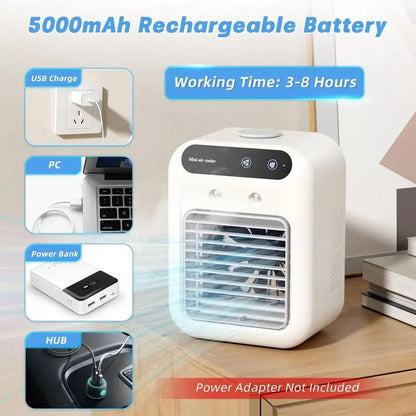 Portable Air Conditioners,1800mAh Rechargeable Mini Air Conditioner With 2 Cool 500ML Water Tank For Room, Travel, Office