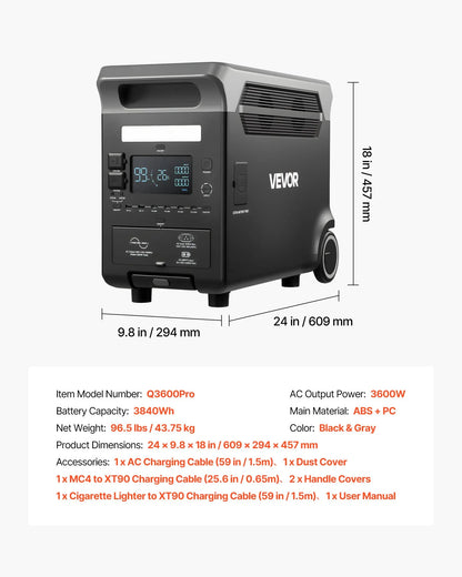 Portable Power Station, 3600W 3840Wh Power Station Solar Generator With 10 Output Ports & Adjustable Input Power, Expandable LiFePO4 Battery Backup For Home Camping RV